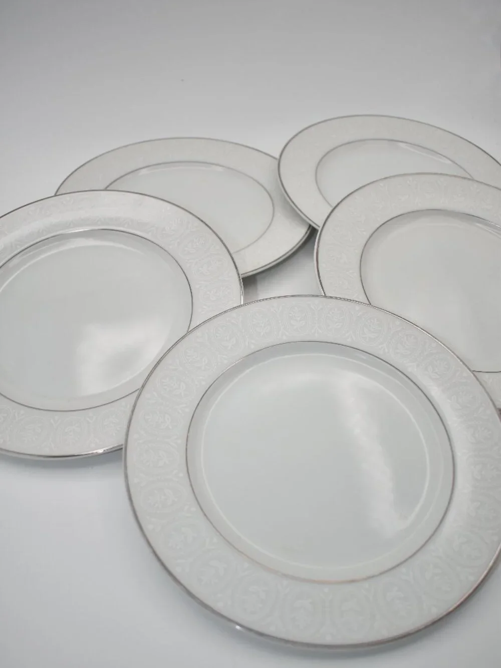 Vintage Stone China Japan 2467 White Embossed Platinum Rim Dinner Plates Set of